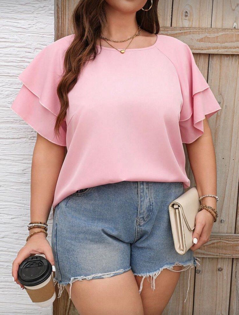 Shein Plus Size Pink Blouse (Category: Blouses) located in Malolos. Submitted by basementbargain (Listing ID 1471062117, Image 3). Description: Size: 0XL Product Measurement: Length: 66.5 cm, Bust: 116 cm, Cuff: 59.8 cm.