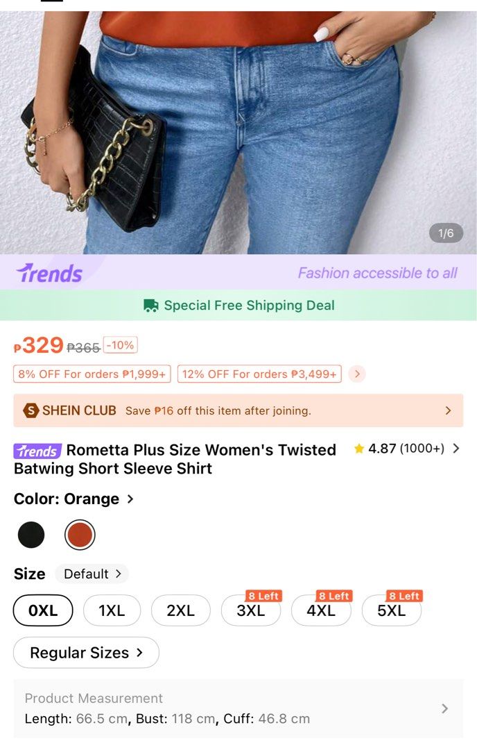 Shein Plus Size Twisted Batwing Short Sleeve Shirt (Category: Blouses) located in Malolos. Submitted by basementbargain (Listing ID 1471060261, Image 3). Description: Size: 0XL Product Measurement: Length: 66.5 cm, Bust: 118 cm, Cuff: 46.8 cm.