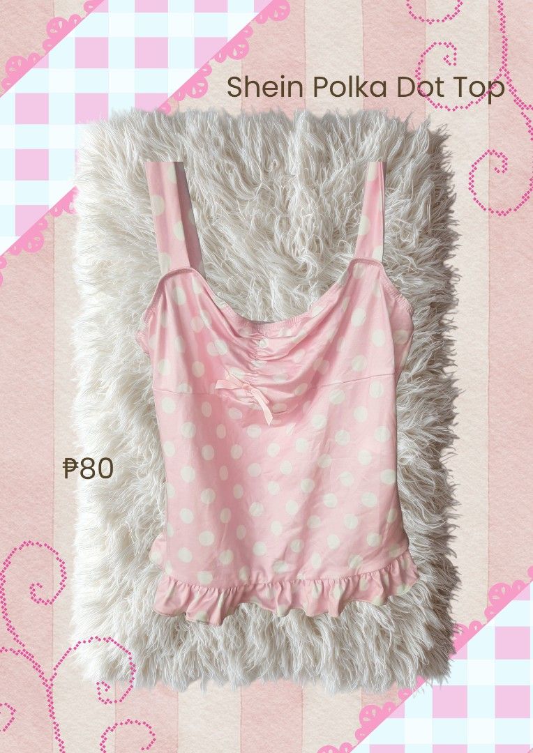 Shein Polka Dot Top (Category: Sleeveless) located in Manila. Submitted by lotuline (Listing ID 1470939568, Image 1). Description: - Brand: Shein - Design: Pink polka dot coquette style - Details: Wide straps, scoop neckline with ruched center and tiny bow - Condition: Never Worn.