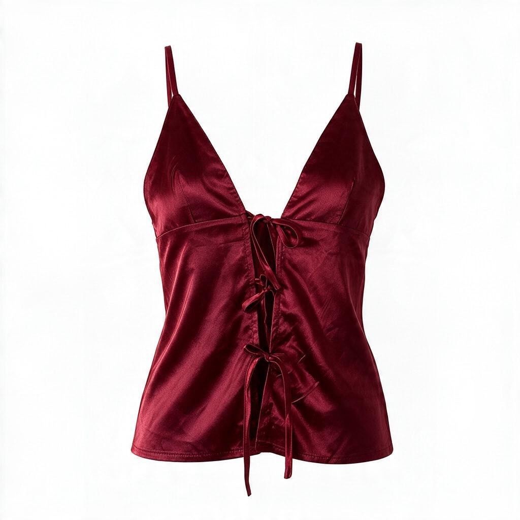 SHEIN Red Satin Tie Front Cami Top Size M (Category: Sleeveless) located in Batangas. Submitted by wearmegals (Listing ID 1470981528, Image 1). Description: - Brand: SHEIN - Size: M (EU 38, US 6) - Color: Vibrant Red - Material: Silky satin fabric - Design: Deep V-neckline, spaghetti straps, and trendy front tie-up closure with multiple ribbon bows.