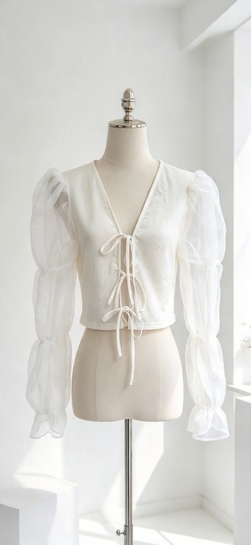SHEIN White Puff Sleeve Tie Front Blouse Size M (Category: Blouses) located in Manila. Submitted by charlottej01596 (Listing ID 1470965076, Image 1). Description: - Brand: SHEIN - Size: M (EU 38, US 6) - Color: Clean White - Design: Deep V-neckline with multiple tie-front closures - Sleeves: Sheer mesh puff sleeves with ruffled cuffs - Fit: Cropped length, lightweight fabric - Condition: Excellent, well-maintained.
