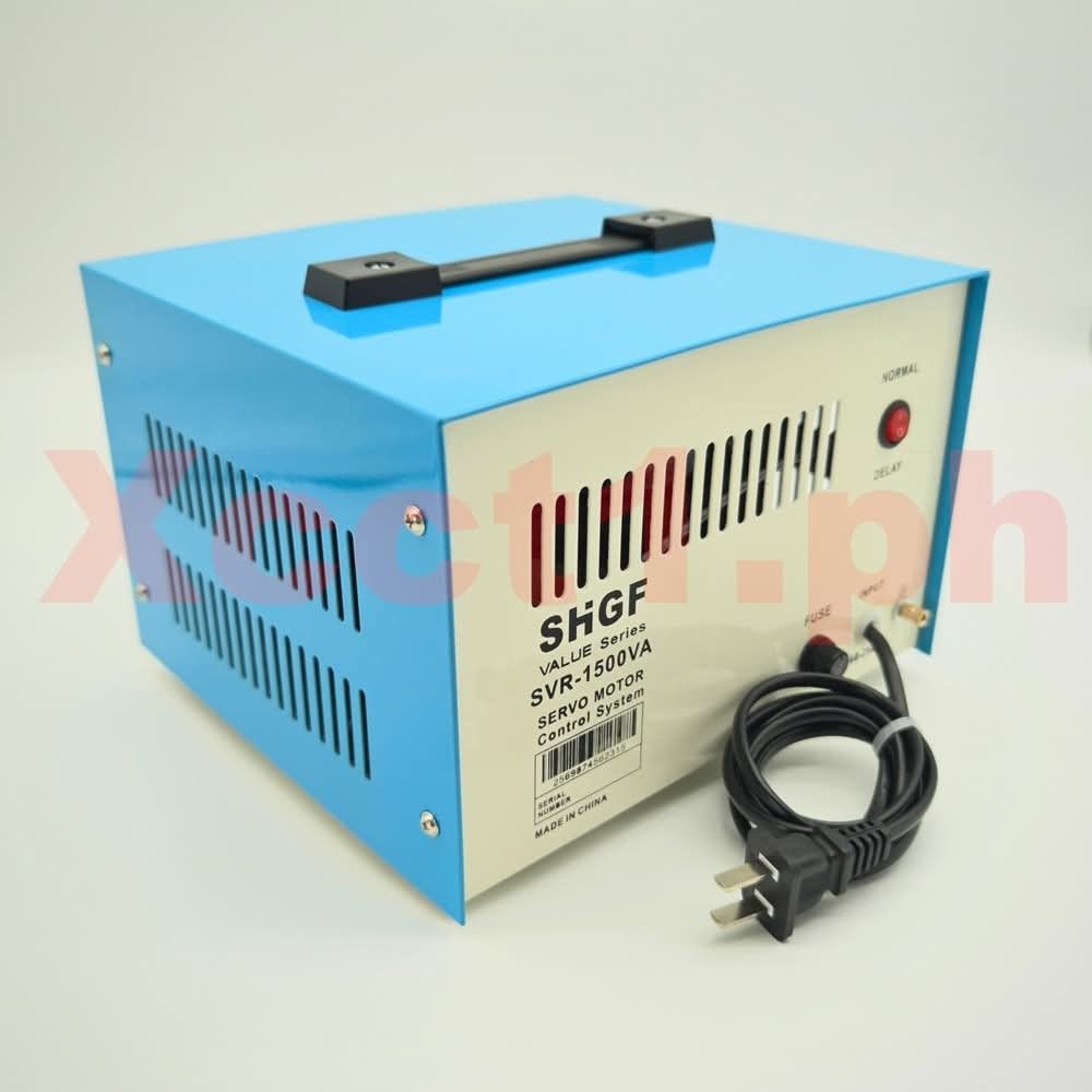 SHGF SVR-1500VA Servo Motor Control System AVR (Category: Electrical, Adaptors & Sockets) located in Caloocan City. Submitted by rich02heart (Listing ID 1471033614, Image 3). Description: - Brand/Model: SHGF SVR-1500VA Automatic Voltage Regulator (AVR) - Motor System: Servo motor control with 100% pure copper coil design - Weight: Heavy-duty build, approximately 5 kg - Outlets: Three 220V outlets and one 110V outlet on the front panel - Controls 