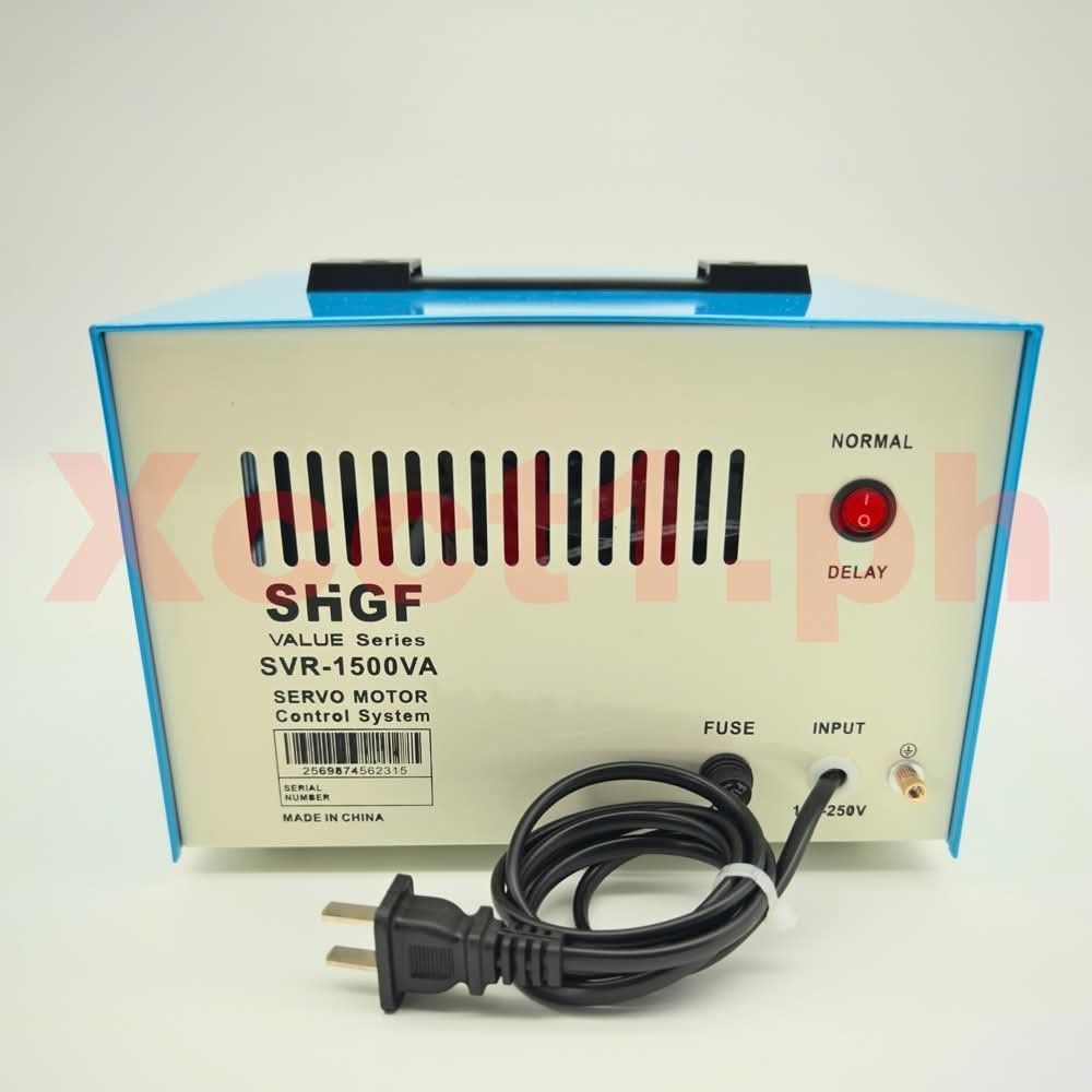 SHGF SVR-1500VA Servo Motor Control System AVR (Category: Electrical, Adaptors & Sockets) located in Caloocan City. Submitted by rich02heart (Listing ID 1471033614, Image 2). Description: - Brand/Model: SHGF SVR-1500VA Automatic Voltage Regulator (AVR) - Motor System: Servo motor control with 100% pure copper coil design - Weight: Heavy-duty build, approximately 5 kg - Outlets: Three 220V outlets and one 110V outlet on the front panel - Controls 