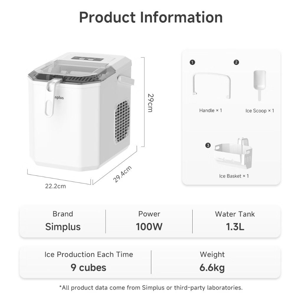 Simplus Portable Ice Maker (White) 1.3L (Category: Refrigerators and Freezers) located in Malabon City. Submitted by trishamaeramirez (Listing ID 1470960245, Image 2). Description: Original price: ₱4,000+ Will send more photos through personal message upon request - Brand: Simplus Ice Maker Machine - Color: Clean White - Dimensions: Compact size (22.2cm x 29.4cm x 29cm), weighs only 6.6kg - Capacity: 1.3L water tank - Performance: Makes 9 ice cub