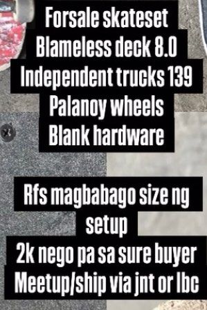 Skate set up forsale (Category: Skates, Rollerblades & Scooters) located in Ligao. Submitted by klaifinds (Listing ID 1470964894, Image 1). Description: Read the first picture Check pics properly Nego sa sure buyer Meetup or ship via jnt or lbc Payment first.