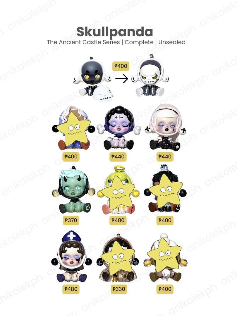 Skullpanda — The Ancient Castle (Skeleton, Phantom, Nurse, Gargoyle, Chamber Lain) (Category: Designer & Blind Box Toys) located in Caloocan City. Submitted by anikolekph (Listing ID 1470940308, Image 1). Description: — Fixed prices as indicated in the photo — Unsealed / Box top-opened — Complete inclusions (box, card, foil) — Mint Condition / No Issues — 100% Authentic and Original – For sale only; not for trade Loc: South Caloocan MOP: GCash or