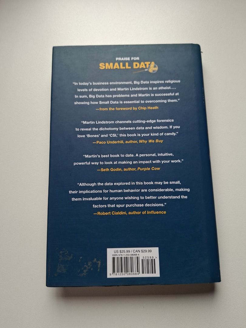 Small Data by Martin Lindstrom Hardcover (Category: Storybooks) located in Marikina City. Submitted by picklekoy (Listing ID 1470977351, Image 2). Description: - Title: Small Data by Martin Lindstrom (Hardcover) - Condition: Good read, pages open flat - Topic: Consumer behavior, purchase decisions, marketing, and business insights - Endorsements: Praised by Chip Heath, Paco Underhill, Seth Godin, and Robert Cialdini - Details: Original US price $