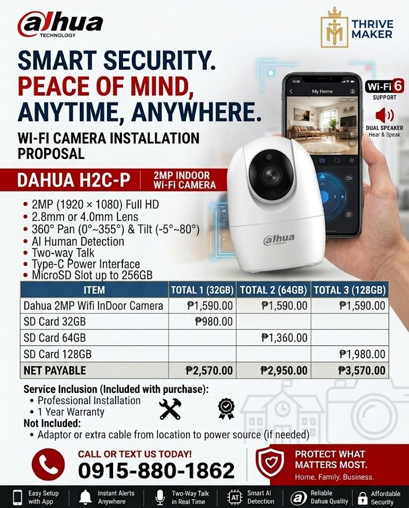 SMART WIFI CCTV 360 CAMERA FOR HOUSE AND OFFICE (Category: Security Systems & CCTV Cameras) located in Laoag. Submitted by houseandlotilocosphilippines (Listing ID 1470983483, Image 1). Description: - Crystal clear 1920x1080 Full HD resolution - 360° horizontal and 85° vertical pan & tilt coverage - Smart AI human detection for accurate alerts - Two-way talk with dual speakers for clear audio - Fast and stable Wi-Fi 6 support - Modern Type-C powe