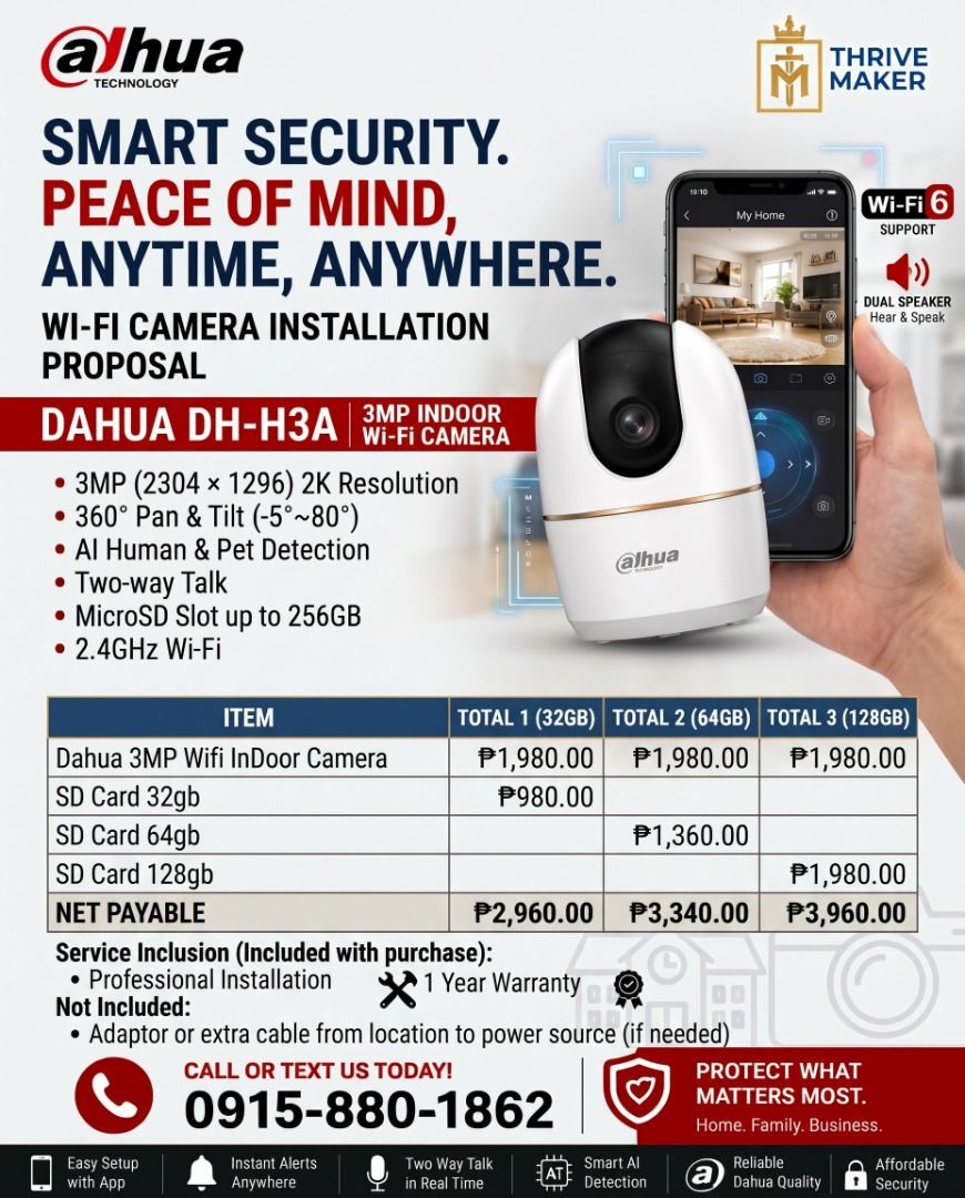SMART WIFI CCTV CAMERA INDOOR AND OUTDOOR (Category: Security Systems & CCTV Cameras) located in Laoag. Submitted by houseandlotilocosphilippines (Listing ID 1470973610, Image 2). Description: Dahua DH-H3A indoor Wi-Fi camera with 3MP 2K resolution. 360-degree pan and tilt coverage. Human and pet detection built in, plus two-way talk. Supports microSD up to 256GB and works on 2.4GHz Wi-Fi networks. Professional installation included with purchase
