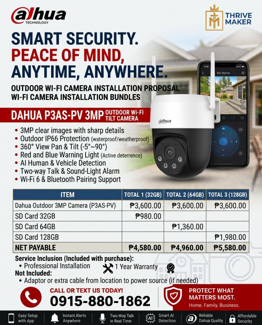 SMART WIFI CCTV CAMERA INDOOR AND OUTDOOR (Category: Security Systems & CCTV Cameras) located in Laoag. Submitted by houseandlotilocosphilippines (Listing ID 1470973610, Image 3). Description: Dahua DH-H3A indoor Wi-Fi camera with 3MP 2K resolution. 360-degree pan and tilt coverage. Human and pet detection built in, plus two-way talk. Supports microSD up to 256GB and works on 2.4GHz Wi-Fi networks. Professional installation included with purchase