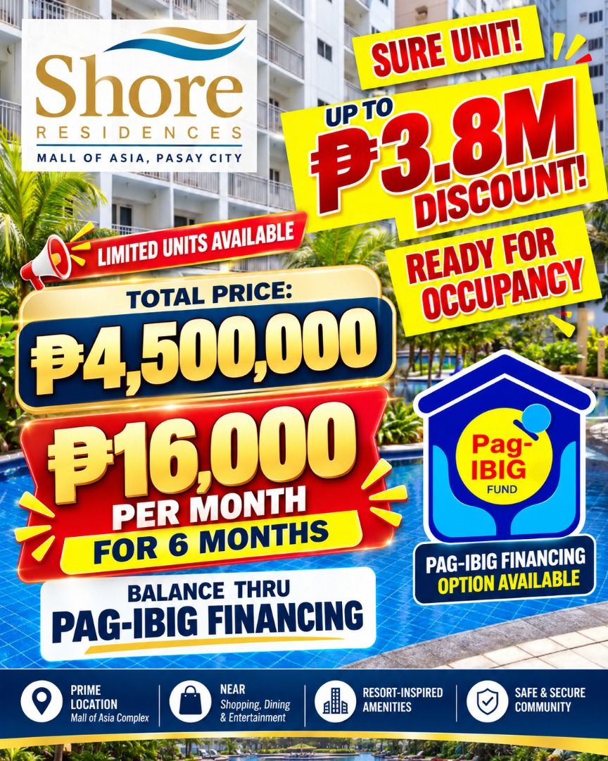 SMDC MOA SHORE 3 RESIDENCES ONLY 16k per month PAG IBIG FINANCING (Category: Apartments & Condos) located in Manila. Submitted by condosofsmdc (Listing ID 277702764, Image 1). Description: 🌊 OWN A CONDO IN MOA THROUGH PAG-IBIG FINANCING! 🏡 💰 LIVE IN MOA OR INVEST FOR RENTAL INCOME! 📍 Shore 3 Residences – Mall of Asia Complex, Pasay City Enjoy premium amenities, swimming pools, landscaped gardens, and a prime location near shopping, dining, an