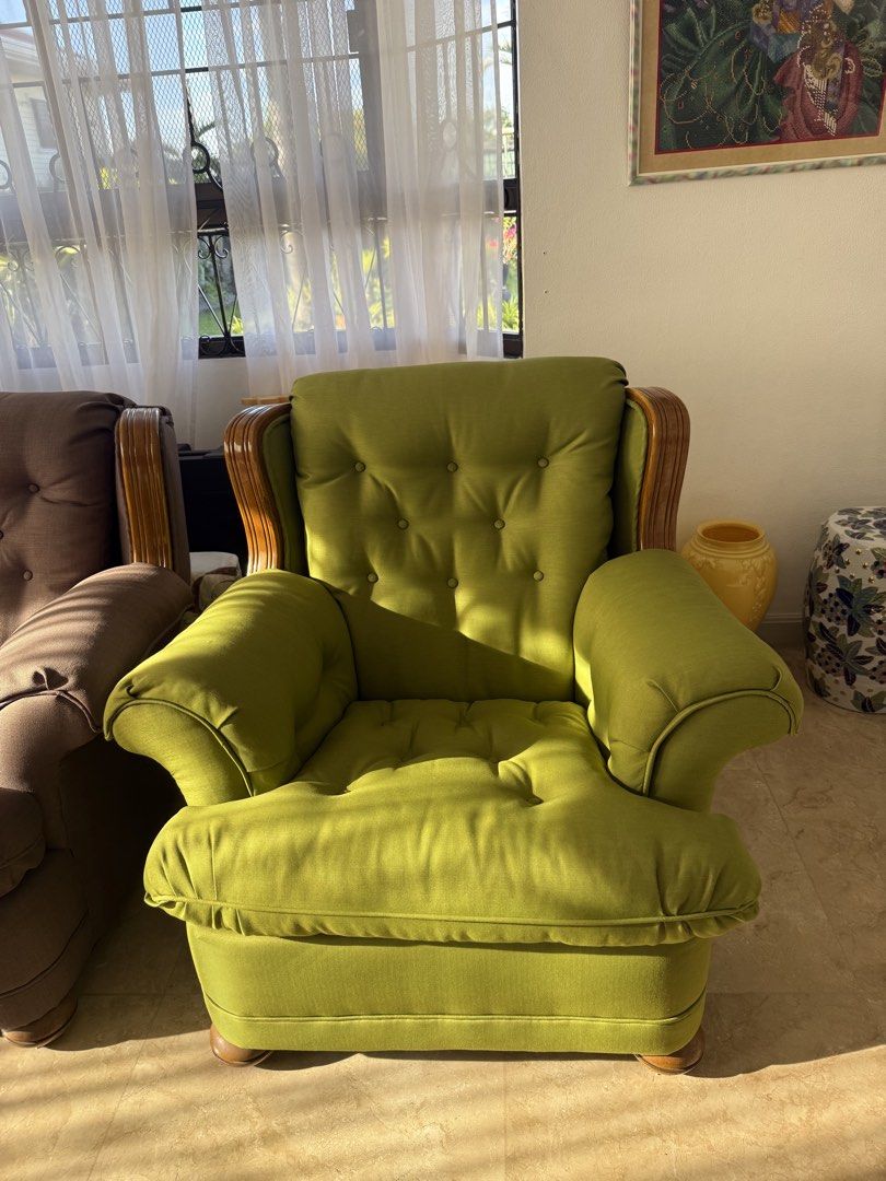 Sofa with wooden frame and Table set (Category: Sofas) located in Manila. Submitted by yujohanna (Listing ID 1471020790, Image 2). Description: - Type: 1 to 3-Seater Couch - Color: Neutral Brown, Olive Green, Red, Dusty pink - Design: Button-tufted backrest with elegant wooden trim - Comfort: Plush, highly comfortable seat cushions - Condition: Clean, well-maintained upholstery - Durability: Sturdy build, perfect for daily living room use - Price