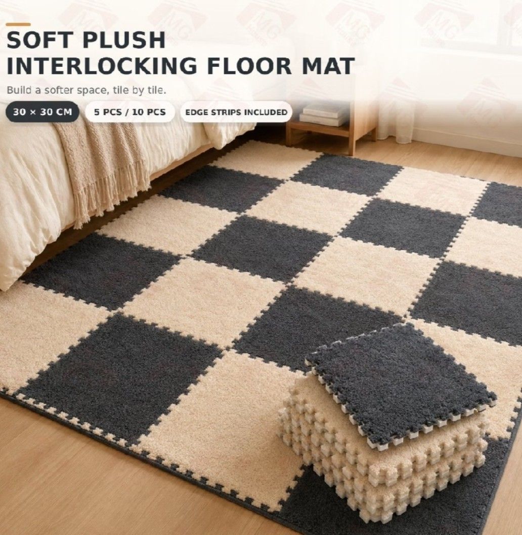 Soft Plush Interlocking Floor Mat 30x30cm Grey White (Category: Carpets, Mats & Flooring) located in Manila. Submitted by jewfindshop (Listing ID 1470991221, Image 1). Description: - Color: Dark grey and cream - Size: 30 x 30 cm per tile (40pcs set) - Texture: Soft, fuzzy, and cozy underfoot - Ideal for: Playrooms, bedrooms, or living spaces - Features: Easy to snap together, rearrange, and stack for storage.