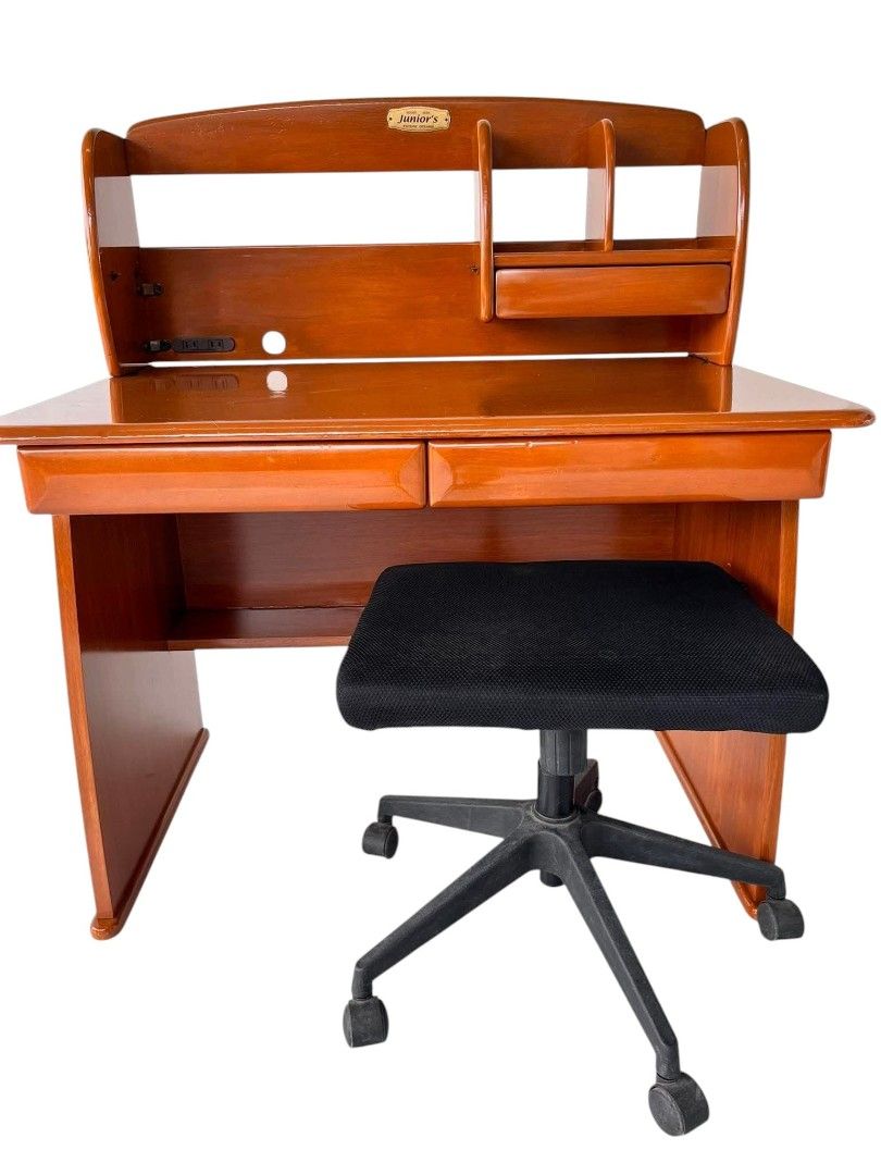 Solid Wood Study Table with Chair (Category: Tables & Sets) located in Mexico. Submitted by mgracejapansurplus (Listing ID 1470953792, Image 1). Description: NEW ARRIVAL 🇯🇵 Solid Wood Study Table with Chair ✨ - Rich polished wood finish with built-in upper shelf & small side drawer - 2 spacious pull-out drawers below the tabletop for ample storage - Comes with a comfortable rolling office chair (black fabric, swivel base) - Sturdy, timeless des