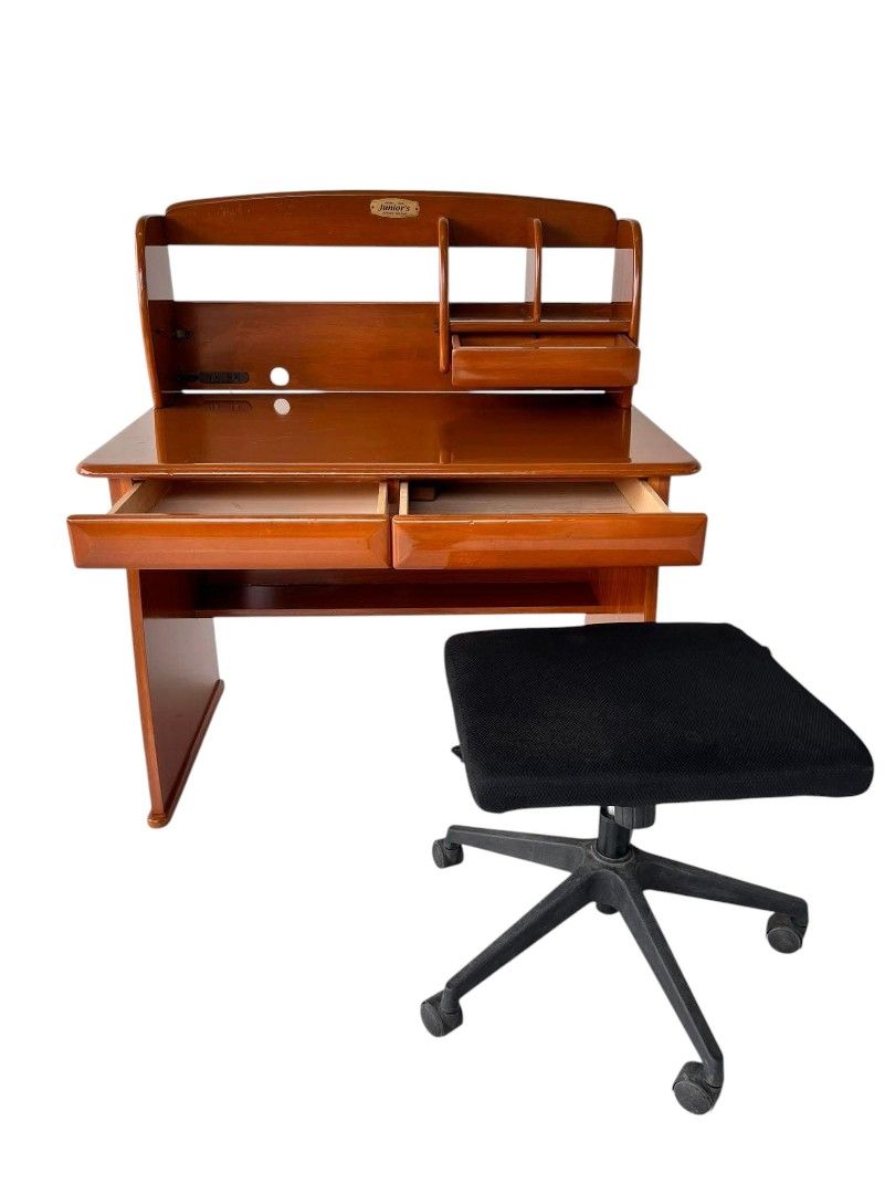 Solid Wood Study Table with Chair (Category: Tables & Sets) located in Mexico. Submitted by mgracejapansurplus (Listing ID 1470953792, Image 3). Description: NEW ARRIVAL 🇯🇵 Solid Wood Study Table with Chair ✨ - Rich polished wood finish with built-in upper shelf & small side drawer - 2 spacious pull-out drawers below the tabletop for ample storage - Comes with a comfortable rolling office chair (black fabric, swivel base) - Sturdy, timeless des
