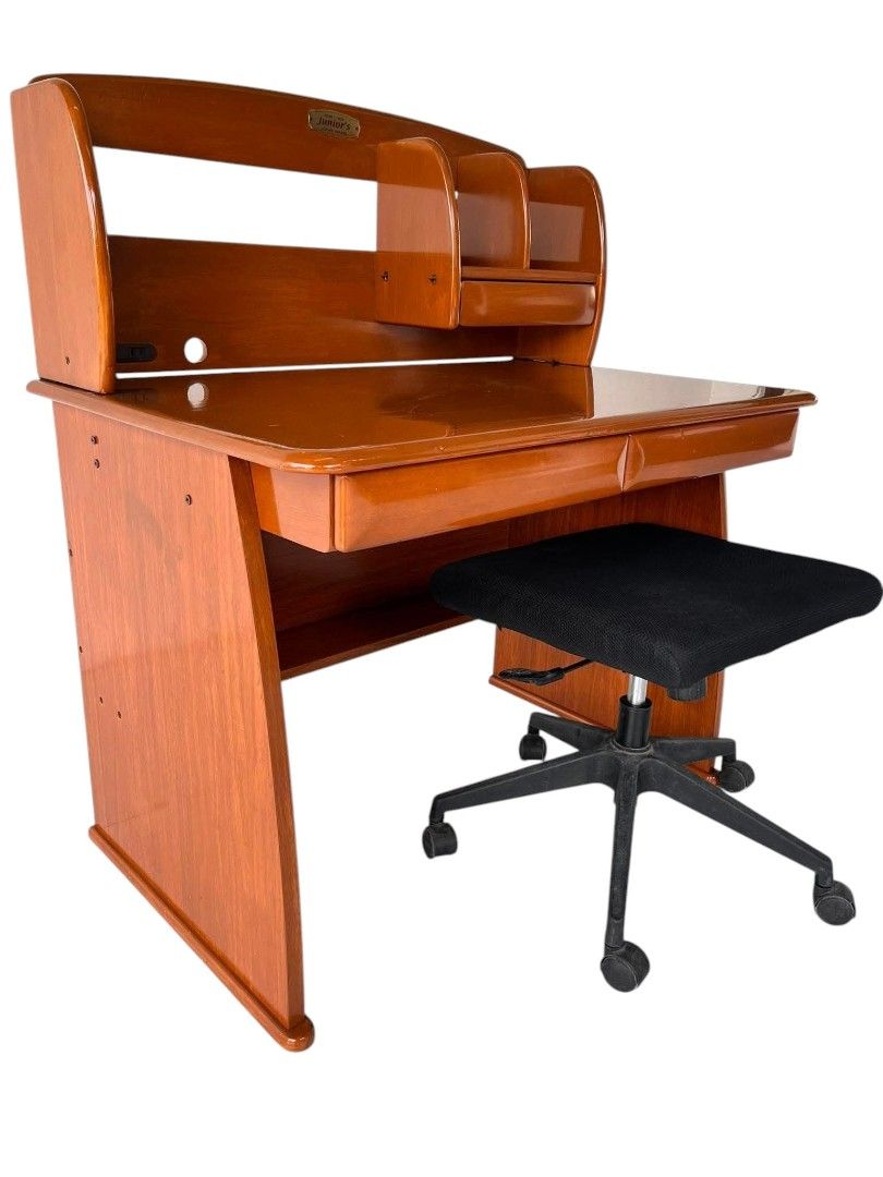 Solid Wood Study Table with Chair (Category: Tables & Sets) located in Mexico. Submitted by mgracejapansurplus (Listing ID 1470953792, Image 2). Description: NEW ARRIVAL 🇯🇵 Solid Wood Study Table with Chair ✨ - Rich polished wood finish with built-in upper shelf & small side drawer - 2 spacious pull-out drawers below the tabletop for ample storage - Comes with a comfortable rolling office chair (black fabric, swivel base) - Sturdy, timeless des