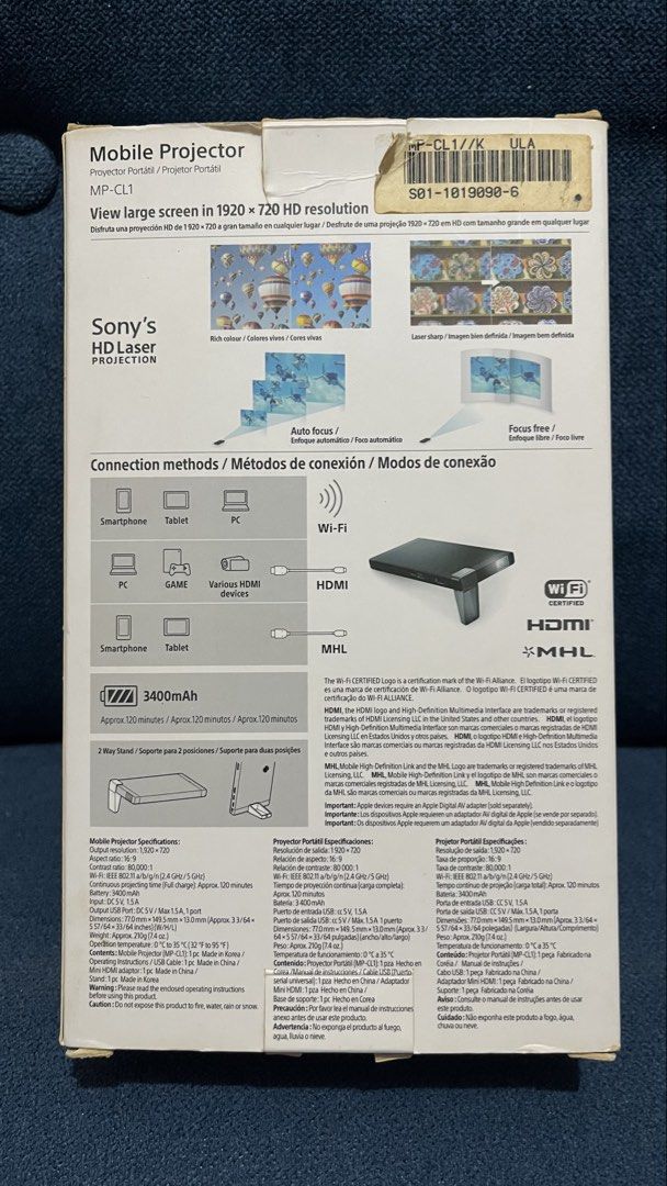 Sony MP-CL1 Mobile Projector HD Laser (Category: Projectors) located in Bay. Submitted by ronellie (Listing ID 1471096786, Image 2). Description: - Brand: Sony MP-CL1 Mobile Projector in original box - Resolution: HD laser projection with 1920x720 resolution - Battery: Built-in 3400mAh battery (approx. 120 mins continuous projection) - Connectivity: Wi-Fi, HDMI, or MHL - Design: Super compact size, fits easily in a bag - Inclusions: Startup guide