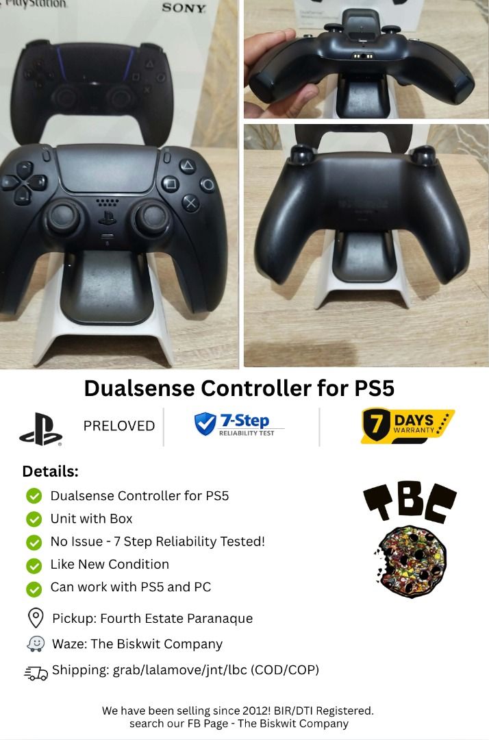 Sony PlayStation 5 DualSense Wireless Controller Midnight Black (Category: Controllers) located in Paranaque City. Submitted by thebiskwitcompany (Listing ID 1470989250, Image 1). Description: #58 Dual Sense 5 Controller P2595 -Unit only wih box -Very Good Condition with slight signs of usage sa back ng controller -no issue (ghost movement, buttons, wireless, battery) Compatible with PS5 and PC Shipping through grab/lalamove/jnt/lbc (COD/COP) Pic