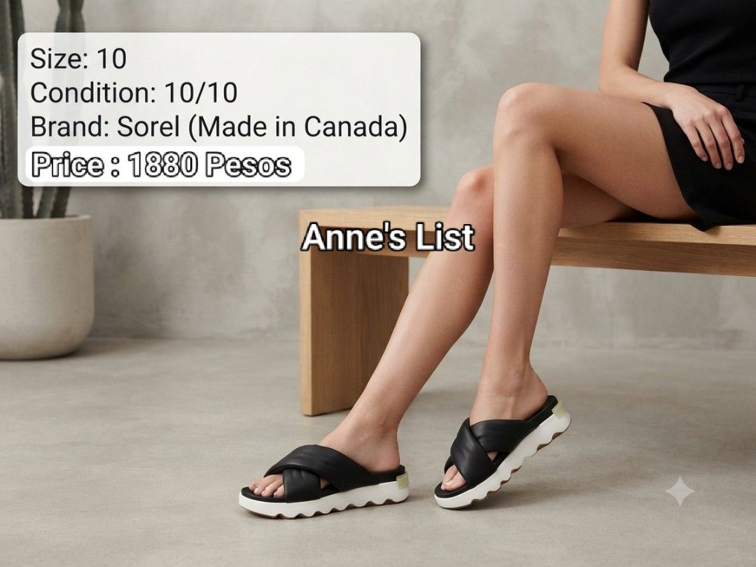 Sorel Viibe Twist Slide Strap Sandals Size 10 (Category: Flats & Sandals) located in Santa Maria. Submitted by anne_s.list (Listing ID 1471018334, Image 2). Description: Sorel ( black/Seas Salt) sandals in size 10. Chunky puffed straps across the top, very stylish and comfortable. White and pale green platform sole with Sorel branding on the heel. Brown rubber outsole with grip. Clean soles, never worn outside..