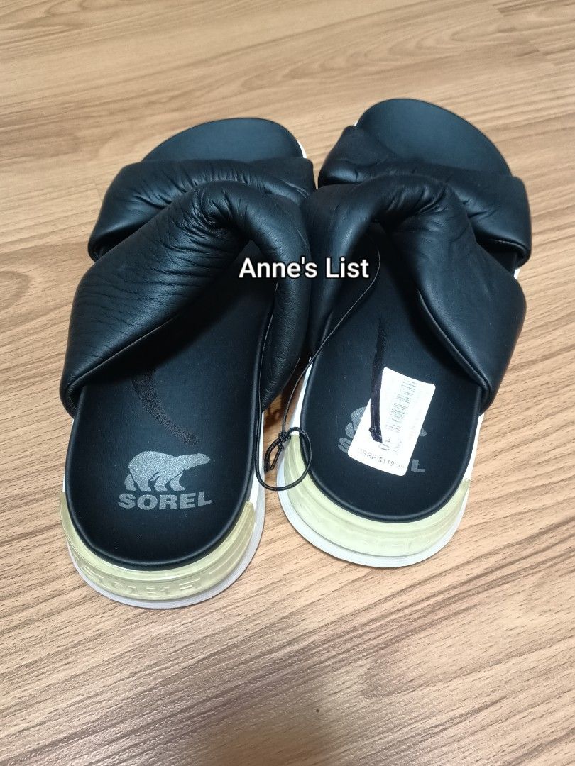 Sorel Viibe Twist Slide Strap Sandals Size 10 (Category: Flats & Sandals) located in Santa Maria. Submitted by anne_s.list (Listing ID 1471018334, Image 3). Description: Sorel ( black/Seas Salt) sandals in size 10. Chunky puffed straps across the top, very stylish and comfortable. White and pale green platform sole with Sorel branding on the heel. Brown rubber outsole with grip. Clean soles, never worn outside..