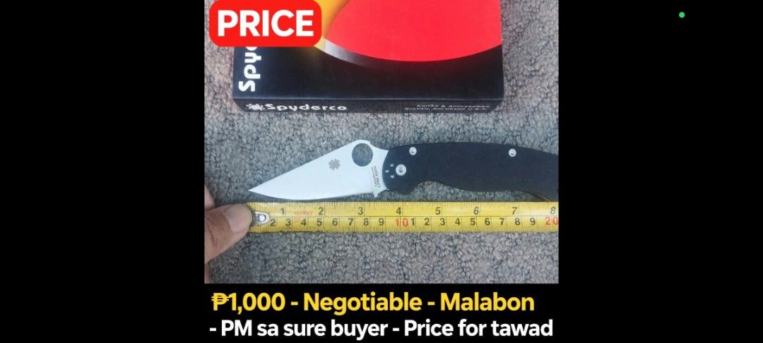 Spyderco Paramilitary 2 CPM S30V Clone with Box (Category: Knives & Chopping Boards) located in Malabon City. Submitted by immortalpicker (Listing ID 1470952131, Image 2). Description: - Model: Spyderco Paramilitary 2 replica - Blade Steel: CPM S30V - Overall Length: 8 inches - Blade Length: 3.4 inches - Handle: Textured black G10 scales - Lock Mechanism: Smooth compression lock - Extras: Pocket clip attached and original branded box included.