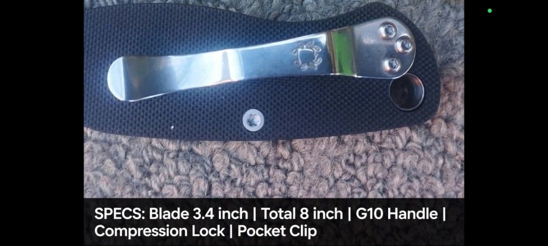 Spyderco Paramilitary 2 CPM S30V Clone with Box (Category: Knives & Chopping Boards) located in Malabon City. Submitted by immortalpicker (Listing ID 1470952131, Image 3). Description: - Model: Spyderco Paramilitary 2 replica - Blade Steel: CPM S30V - Overall Length: 8 inches - Blade Length: 3.4 inches - Handle: Textured black G10 scales - Lock Mechanism: Smooth compression lock - Extras: Pocket clip attached and original branded box included.