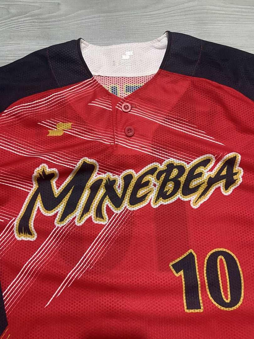 SSK Baseball Custom Sublimation Minebea Takeuchi Jersey Red Black (Category: Activewear) located in Baguio. Submitted by chicoroy (Listing ID 1471040934, Image 3). Description: - Brand: SSK Baseball - Design: Custom sublimation in red and black colorway - Front: 'Minebea' team text with number 10 - Back: 'Takeuchi' name with number 10 - Details: Button collar style, short sleeves - Size: L Dimes:22/30 - Origin: Made in Taiwan - Condition: Interio