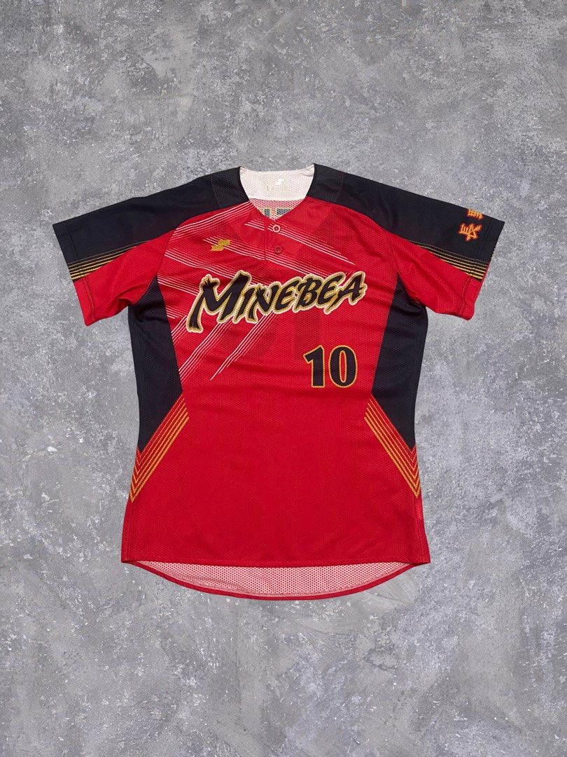 SSK Baseball Custom Sublimation Minebea Takeuchi Jersey Red Black (Category: Activewear) located in Baguio. Submitted by chicoroy (Listing ID 1471040934, Image 1). Description: - Brand: SSK Baseball - Design: Custom sublimation in red and black colorway - Front: 'Minebea' team text with number 10 - Back: 'Takeuchi' name with number 10 - Details: Button collar style, short sleeves - Size: L Dimes:22/30 - Origin: Made in Taiwan - Condition: Interio