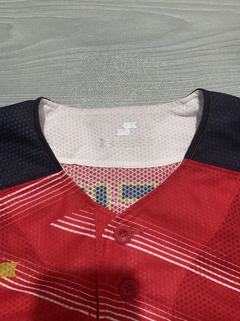 SSK Baseball Custom Sublimation Minebea Takeuchi Jersey Red Black (Category: Activewear) located in Baguio. Submitted by chicoroy (Listing ID 1471040934, Image 2). Description: - Brand: SSK Baseball - Design: Custom sublimation in red and black colorway - Front: 'Minebea' team text with number 10 - Back: 'Takeuchi' name with number 10 - Details: Button collar style, short sleeves - Size: L Dimes:22/30 - Origin: Made in Taiwan - Condition: Interio