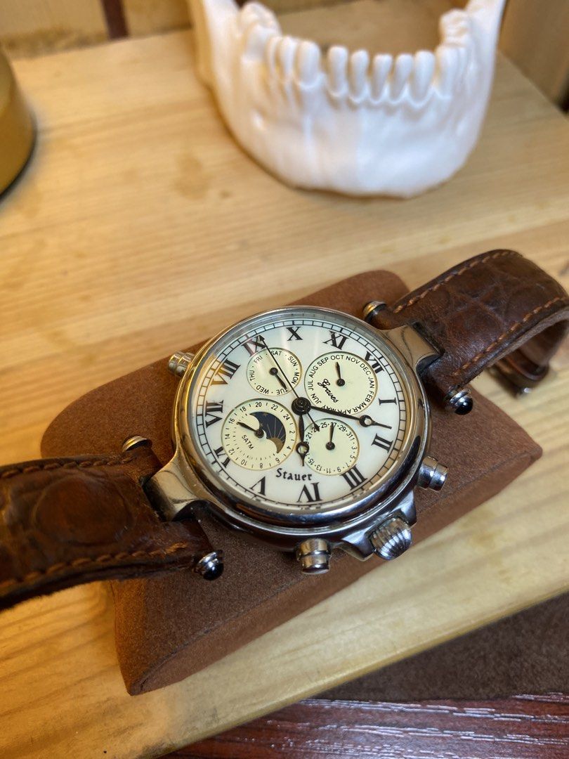 Stauer Perpetual Calendar Moonphase Automatic Watch (Category: Men's Watches) located in Pasig City. Submitted by barako.vintage (Listing ID 1470982726, Image 2). Description: Stauer Brand with screwdown caseback Screwdown crown Date, month, day buttons working Moonphase working Original dome crystal Original leather strap reinforced with leather backing Used, not brand new Note case scratches and scratch on glass near 6-7 .