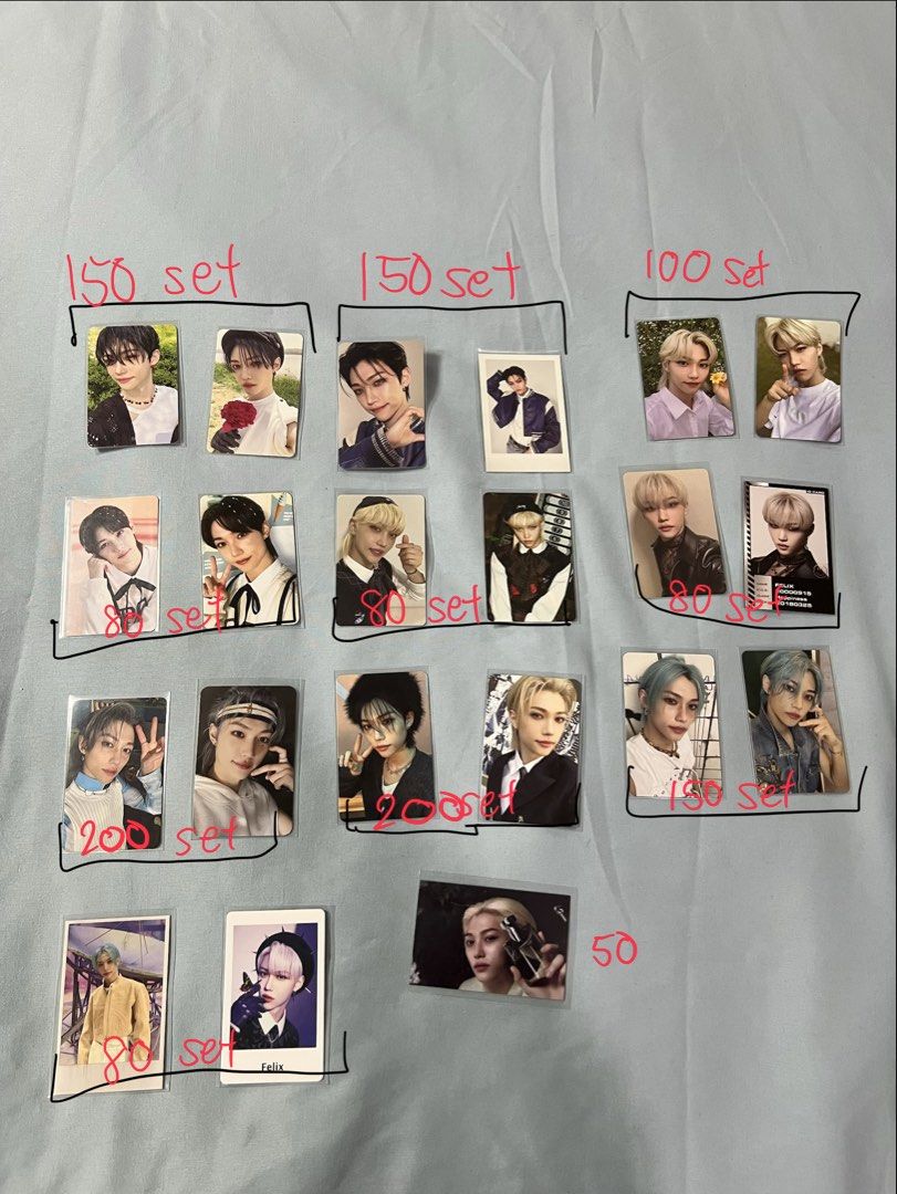 Stray kids photo cards (Category: Raw Singles) located in Manila. Submitted by happyaubsbee_ (Listing ID 1471071898, Image 1). Description: Message me if you want to buy a specific set Will package well Reason for selling: in need of funds and quitting 6k for all Loc: QC Buyer pays for sf .