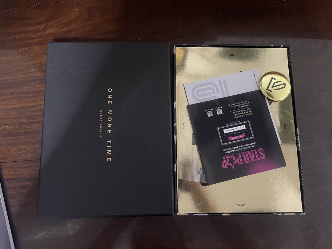 Super Junior One More Time Special Edition Album (Category: CDs & DVDs) located in Manila. Submitted by andeachoi31 (Listing ID 1471031253, Image 1). Description: - Item: Super Junior Special Mini Album - One More Time (Black Box Edition with Gold Cover) - Inclusions: Complete with original contents, Star Pop gift coupon, and badge pin as shown - Condition: All original and well-kept - Perfect for: ELF and K-pop merchandise collectors - Mode of P