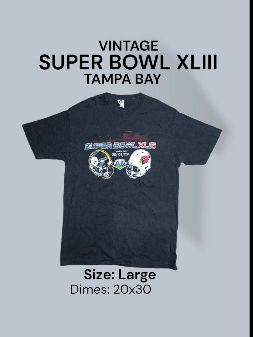 SUPERBOWL XLIII Tee (Category: Tshirts & Polo Shirts ) located in Midsayap. Submitted by macoy.picker (Listing ID 1471023349, Image 1). Description: VINTAGE SUPERBOWN XLIII Brand: AAA Made In Nicaragua TAMPA BAY 2/ 01/2009 SIZE LARGE DIMES 20X30 +SF LOCATION: NORTH COTABATO.