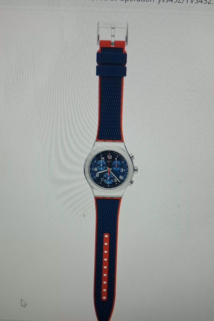 Swatch Chrono Watch Blue Red Strap with Original Case (Category: Men's Watches) located in Calaca. Submitted by ramirdollosocastro (Listing ID 1471020588, Image 1). Description: - Brand: Swatch Chronograph - Dial: Blue dial with date window near 4 o'clock - Bezel: Tachymeter scale - Strap: Red and navy blue textured strap with secure buckle closure - Inclusion: Original clear plastic storage case - Condition: Excellent / Ready to wear.
