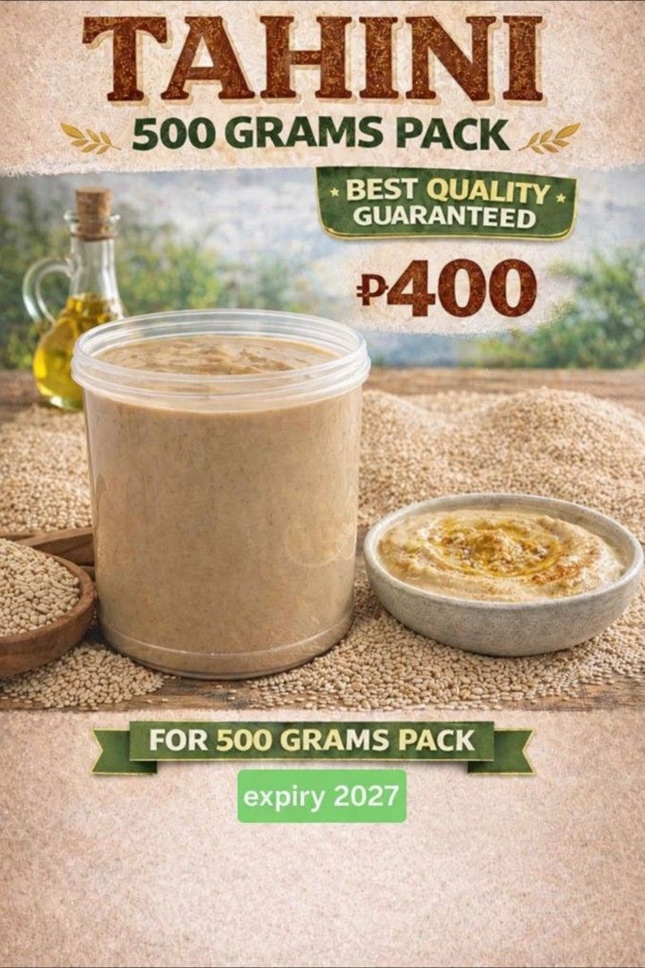 Tahini Premium 500 Grams Pack (Category: Beverages) located in Quezon City. Submitted by happy_gut_store (Listing ID 1470990754, Image 1). Description: - 100% pure peeled, roasted, and ground sesame - Generous 500g pack size (fresh stock) - Rich and ultra-smooth texture - Ideal for homemade hummus, dressings, and sauces - Guaranteed best quality with long expiry (2027) .