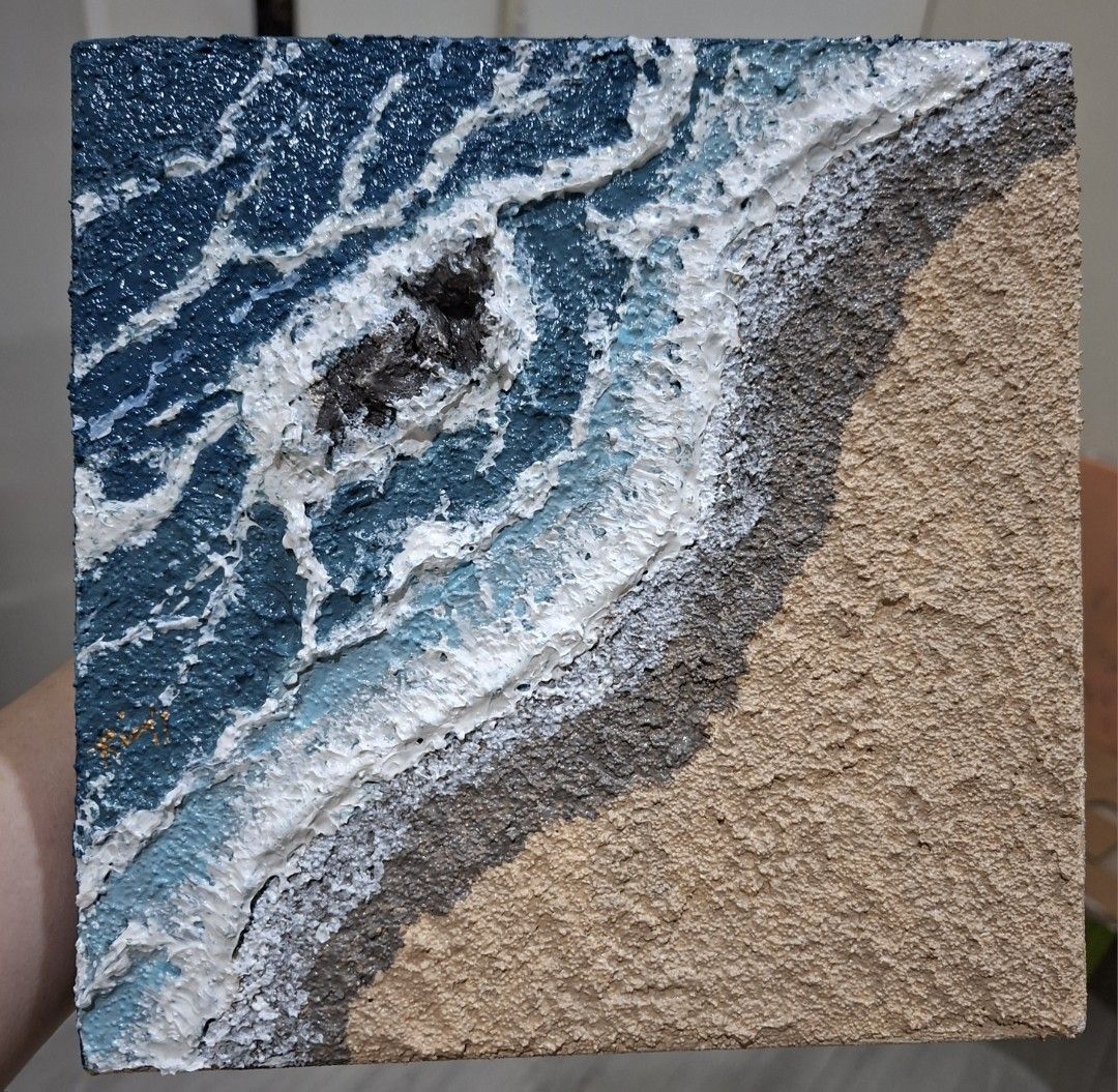 Textured Painting (Category: Everything Else Others) located in Bacolod City. Submitted by turtledove.1807 (Listing ID 1470990572, Image 1). Description: THE TIDE 🌊 | Original Textured Acrylic Painting | 8×8 Canvas Description: 🌊 THE TIDE — Original Textured Acrylic Artwork An original ocean-inspired artwork created by me, featuring textured waves, sea foam, rocky formations, and a sandy shoreline. Every detail was created by hand using acrylic