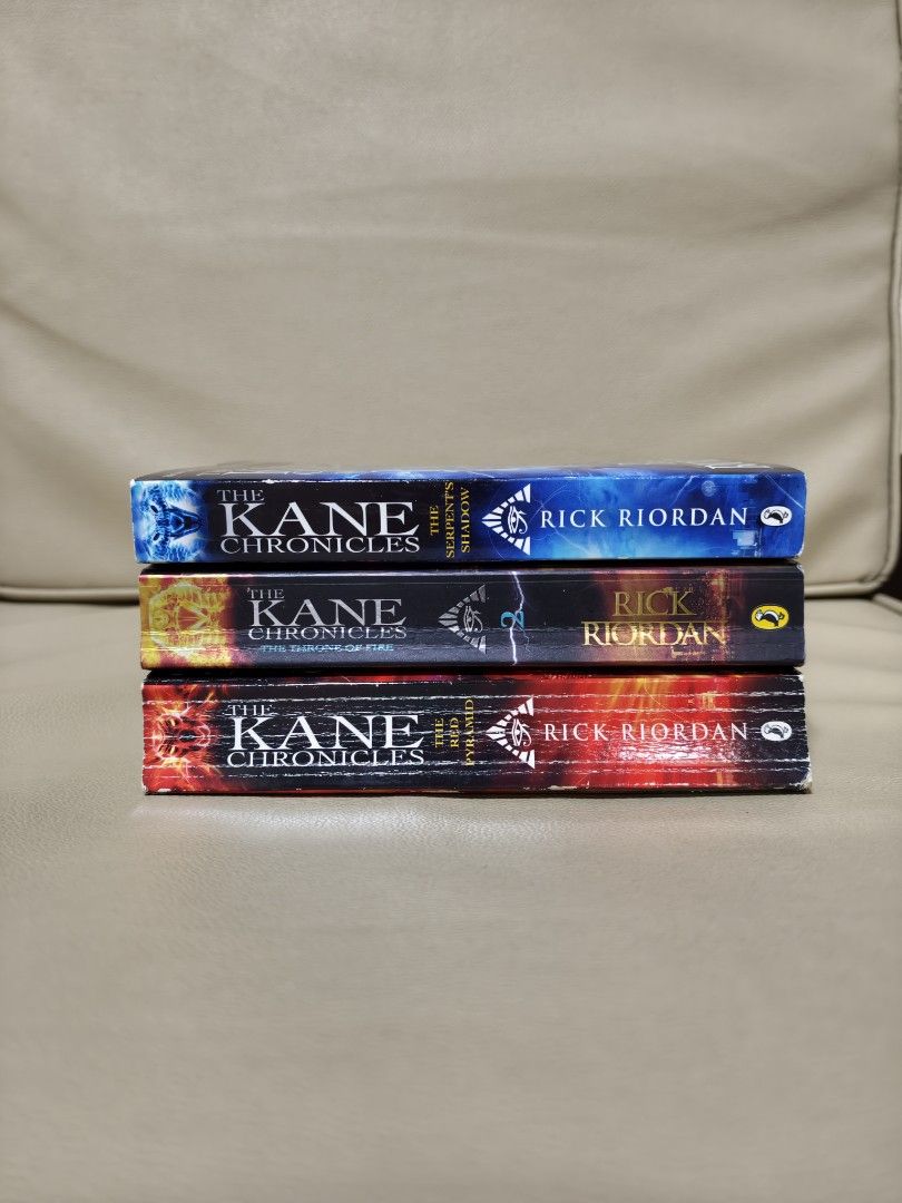 The Kane Chronicles Complete Trilogy by Rick Riordan (Category: Storybooks) located in Antipolo. Submitted by chapchae (Listing ID 1471077620, Image 1). Description: - Title: The Kane Chronicles Paperback Set by Rick Riordan - Includes: Books 1 to 3 (The Red Pyramid, The Throne of Fire, and The Serpent's Shadow) - Condition: Readable condition with intact spines; pages have some natural yellowing due to age and reading - Perfect for fans of Percy