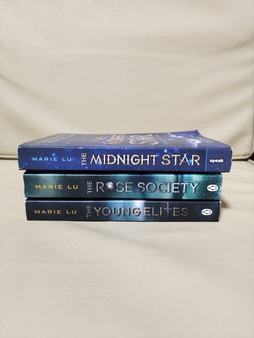 The Young Elites Trilogy by Marie Lu (Category: Storybooks) located in Antipolo. Submitted by chapchae (Listing ID 1471077619, Image 1). Description: - Complete The Young Elites trilogy by Marie Lu - Includes: The Young Elites, The Rose Society, and The Midnight Star - Format: Paperback editions - Condition: Shows light shelf wear, yellowing, and spotting due to age and storage - Perfect fantasy series for Marie Lu fans.