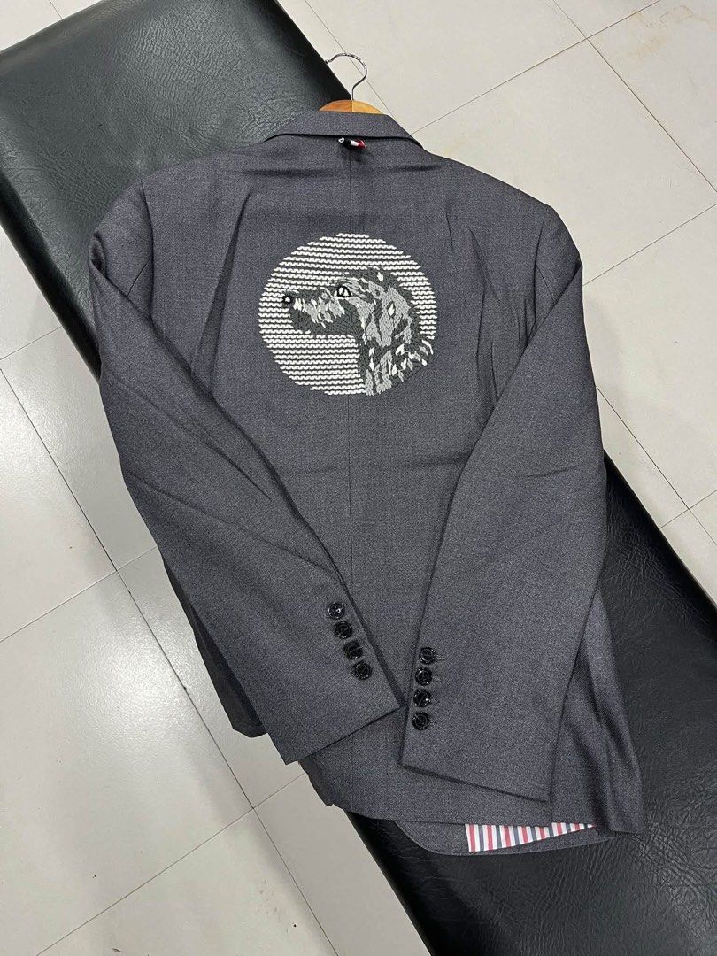 Thom Browne Fully Embroid Dog Blazer Jacket (Category: Coats, Jackets and Outerwear) located in Manila. Submitted by pure.ayoyyysss (Listing ID 1471076615, Image 2). Description: Thom Browne Fully Embroid Dog Blazer Jacket Sz3 Width : 21 Length : 29 Sleeve : 25 Execellent No issue 5k.