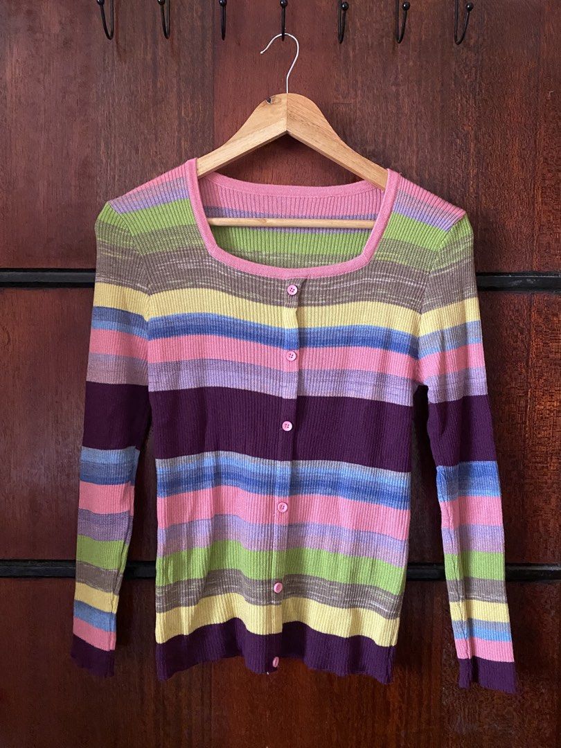 [THRIFTED & AVAILABLE] Multi-color Striped Ribbed Longsleeves (Category: Longsleeves) located in Quezon City. Submitted by yaku1t (Listing ID 1470985919, Image 2). Description: SHIPPING FROM QUEZON CITY. Kindly, read the caption and the bio for some house rules. Swipe right for the close-up pictures. Item is thrifted, please, manage expectations. - Free Size (best fits S) - Has lints since this is knitted - Style: 90s indie / Y2K aesthetic - Desi