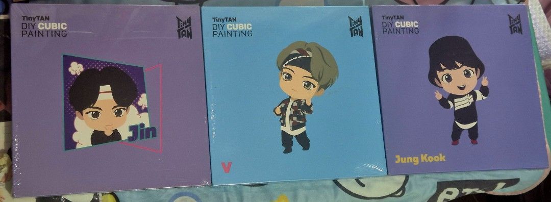 TinyTAN DIY Cubic Painting (Category: Art & Prints) located in Makati City. Submitted by neri_11 (Listing ID 1470995033, Image 1). Description: - Official TinyTAN BTS cubic painting kits - Includes Jin, V, and Jungkook versions - Brand new, unopened, and still in original plastic wrap - Fun diamond painting craft with chibi character designs - Perfect for BTS ARMY and crafters - Available as a bundle or individual pieces (PM to inquire) Php 370 e