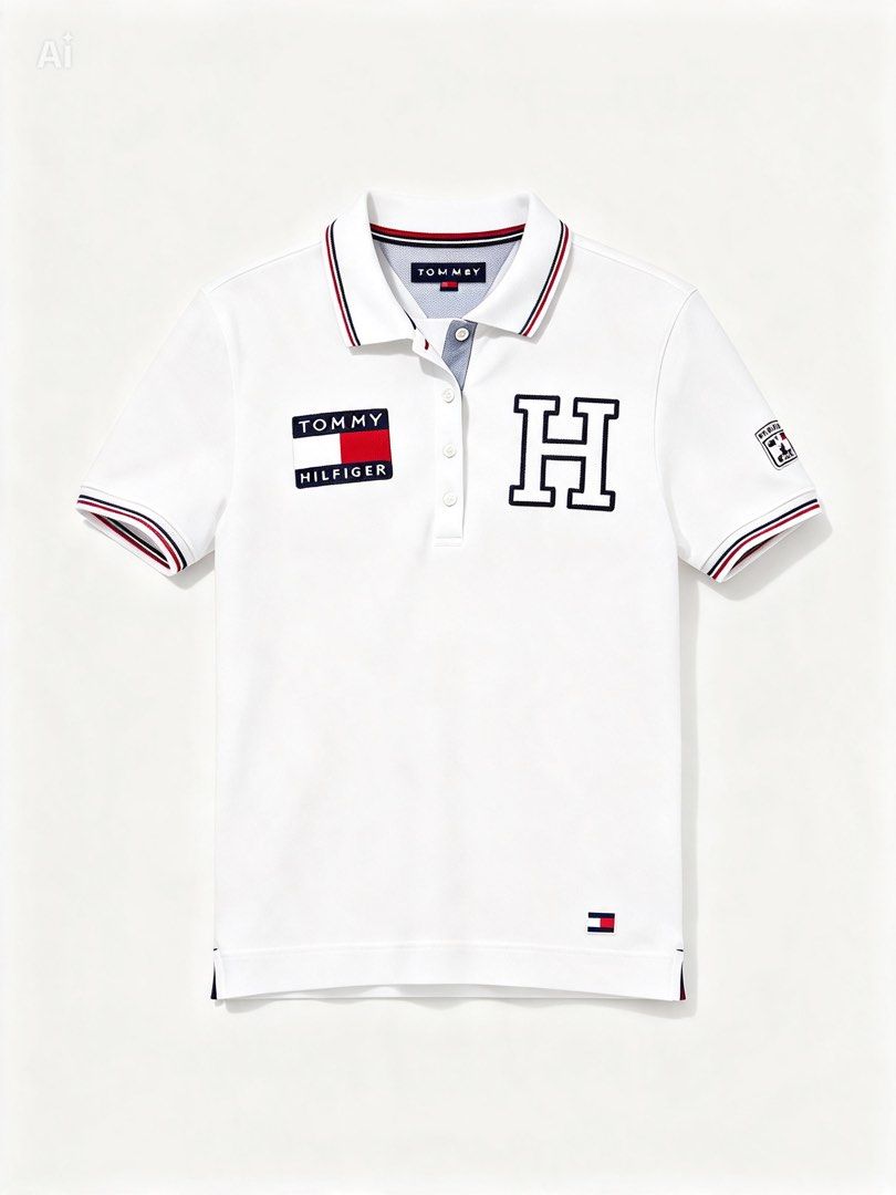 TOMMY HILFIGER (Category: Shirts) located in Davao. Submitted by sart0ria85 (Listing ID 1471081553, Image 1). Description: Comfortable cotton blend. Classic collar with red, white, and blue stripe tipping. Embroidered logo patch on right chest, large 'H' applique on left, and small flag logo near hem. 60%COTTON 40%POLYESTER MADE IN CHINA 🇨🇳 SMALL. Size 4 VERY GOOD CONDITION (84/100) .