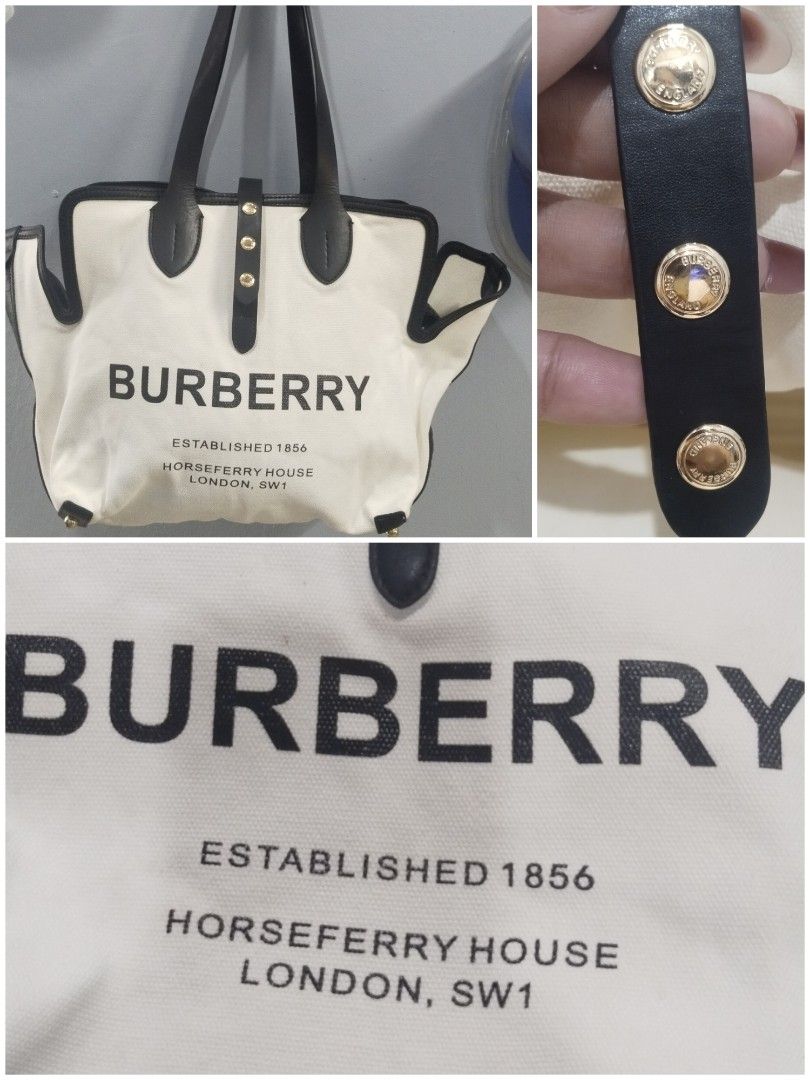 Tote bag (Category: Tote Bags) located in Trece Martires City. Submitted by vherma (Listing ID 1470966197, Image 1). Description: Burberry Medium Soft Canvas and Calfskin Belt Tote in natural and black (featuring the Horseferry address print)..