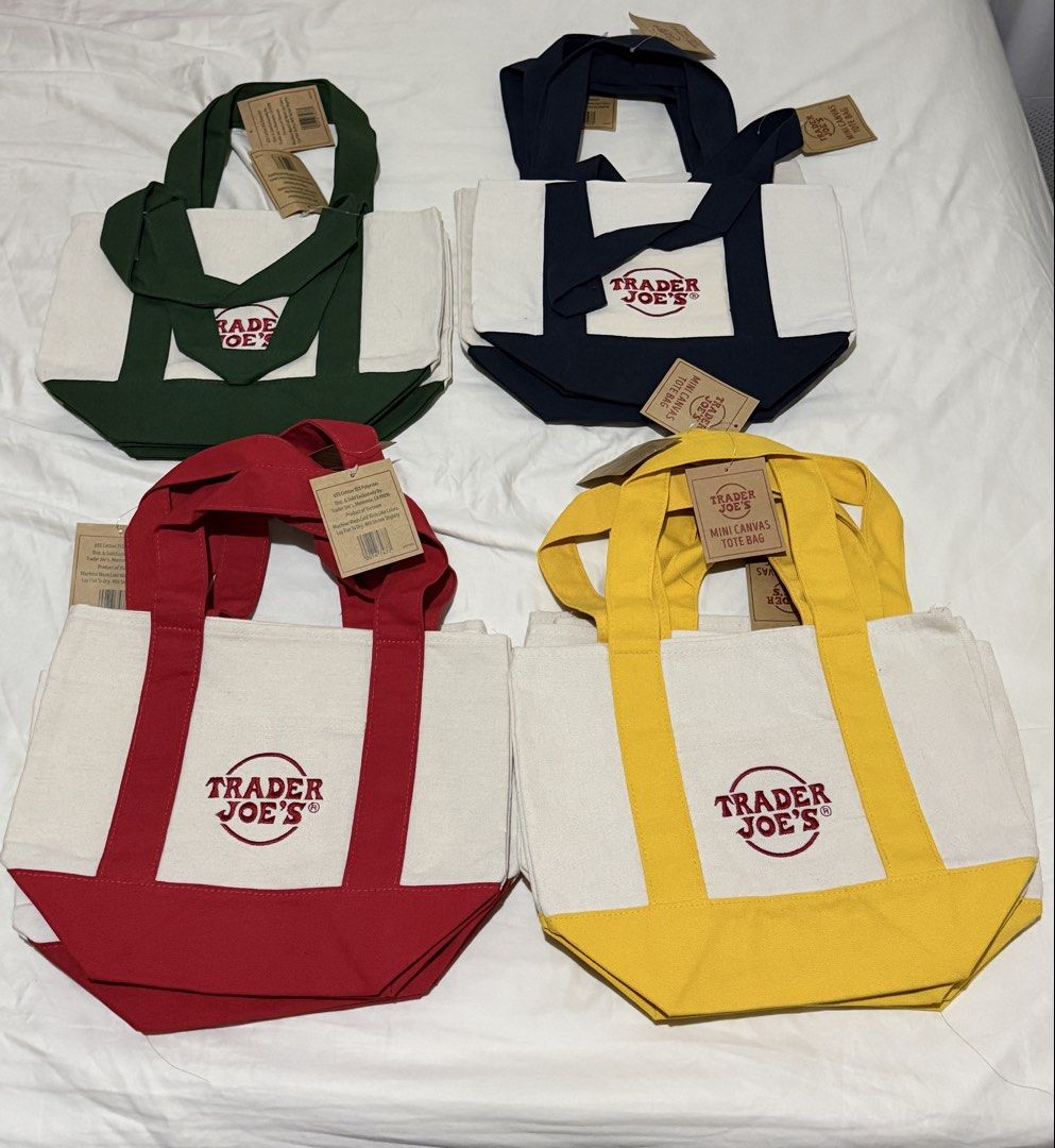 Trader Joe's Mini Canvas Tote Bag (Category: Tote Bags) located in Paranaque City. Submitted by patreng1204 (Listing ID 1471056914, Image 1). Description: Yellow 4 pcs Blue 3 pcs Red 3pcs Green 2 pcs Can give discount if multiple items purchased - 100% Authentic Trader Joe's mini canvas tote bags - Brand new with original paper tags attached - Available colors: Green, Navy Blue, Red, and Yellow - Made from durable, heavy-duty canvas material - Fe