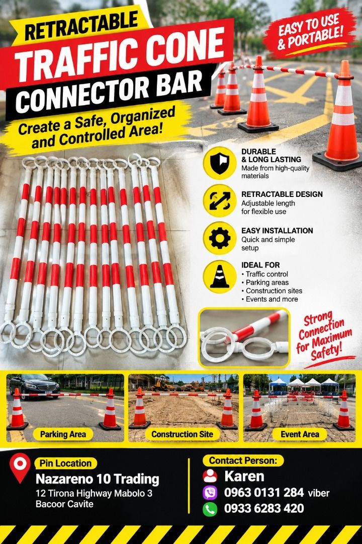 Traffic cone Connector Retractable (Category: Looking For) located in Bacoor. Submitted by kajezame.2021 (Listing ID 1471013616, Image 1). Description: Traffic cone Connector Retractable For More Details and Discount Contact Ms. Karen NAZARENO 10 TRADING 0963 0131 284 0933 6283 420 0956 7028 557 0933 8559 510 Landline: Look for Ms. Karen (046 ) 416 3920 Also available: • Traffic cone • Parking Block stopper • Hooded trash bin • Road Plastic Barri