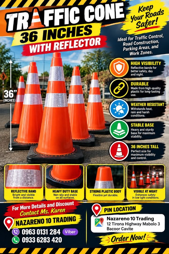 TRAFFIC CONE FULL RUBBERIZED WITH REFLECTOR (Category: Looking For) located in Bacoor. Submitted by kajezame.2021 (Listing ID 1470954033, Image 1). Description: TRAFFIC CONE FULL RUBBERIZED WITH REFLECTOR For More Details and Discount Contact Ms. Karen NAZARENO 10 TRADING 0963 0131 284 0933 6283 420 0956 7028 557 0933 8559 510 Landline: Look for Ms. Karen (046 ) 416 3920 Also available: • Traffic cone • Parking Block stopper • Hooded trash bin • 