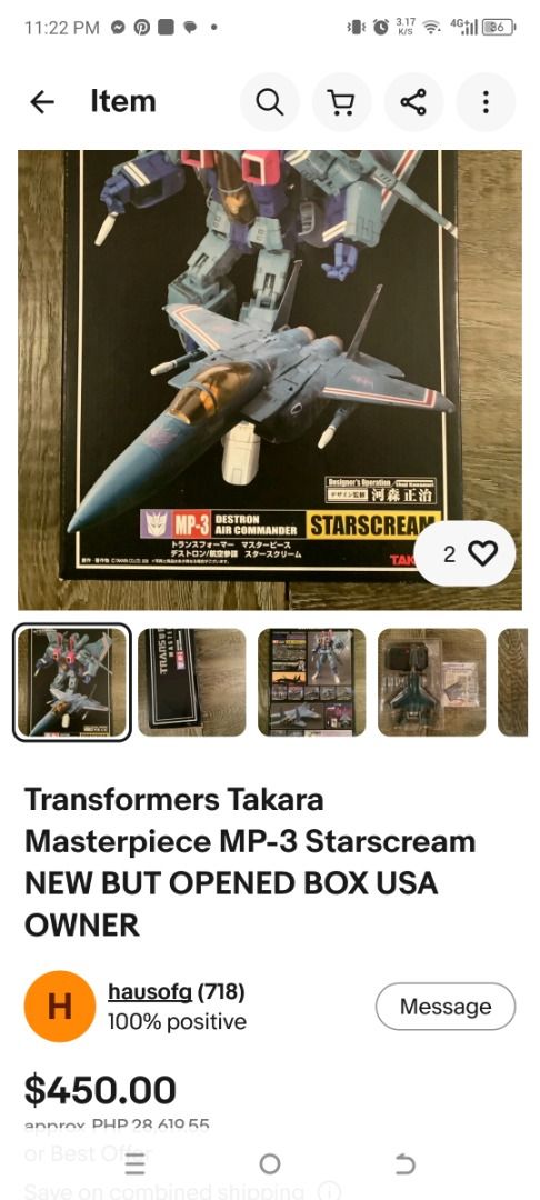 Transformers Takara Masterpiece MP-3 Starscream (Category: Figurines & Statues) located in Makati City. Submitted by gentlewind_f0e75e (Listing ID 1471112176, Image 3). Description: - Authentic Takara Masterpiece MP-3 Starscream Destron Air Commander edition - Adult collector owned;, figure in pristine condition sealed . - Converts seamlessly from highly articulated robot mode to detailed jet fighter - Features stunning box artwork with detailed 