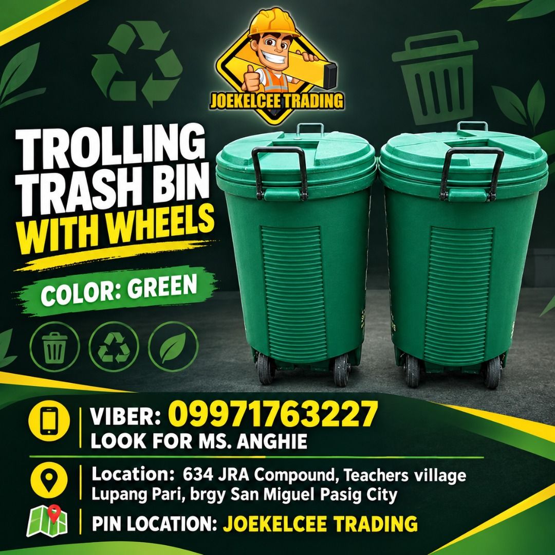 TROLLING TRASH BIN 150 LITERS (Category: Waste Bins & Bags) located in Caloocan City. Submitted by epicdragon.cf8b55 (Listing ID 1470988345, Image 1). Description: TROLLING TRASH BIN 150 LITERS: 53.5(D) X 84.5H WITH WHEELS We also have Barrier / traffic cone / ppe's / cover all Trash bin / cooler box / kayak / freezer jacket Safety shoes / rainboots/ raincoat ✅ actual picture 💯 % Legit Dealer supplier 💯 % guaranteed heavyduty 💯 % GOOD CONDITIO