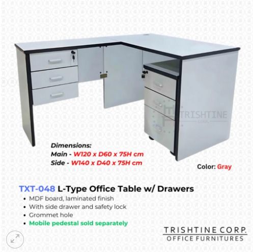 TXT-048 | Executive Table (Category: Office Furniture & Fixtures) located in Caloocan City. Submitted by jim.trishtineofficefurnitures (Listing ID 1471013287, Image 1). Description: Upgrade your workspace with the modern TXT-048 L-Type Office Table in gray! - Model: TXT-048 L-Type Office Table - Color: Gray - Material: Durable MDF board with a sleek laminated finish - Dimensions: * Main desk: W120 x D60 x H75 cm * Side section: W140 x D40 x H75 c