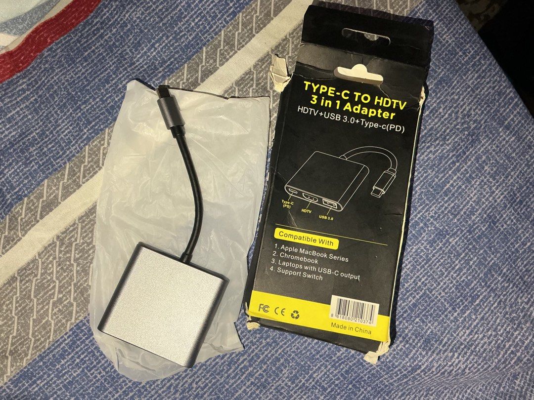 Type-C to HDTV 3 in 1 Adapter (Category: Cables & Adaptors) located in Quezon City. Submitted by matchaluu (Listing ID 1470935941, Image 2). Description: Php.200 Damage box due to storage room 📍Tanay.